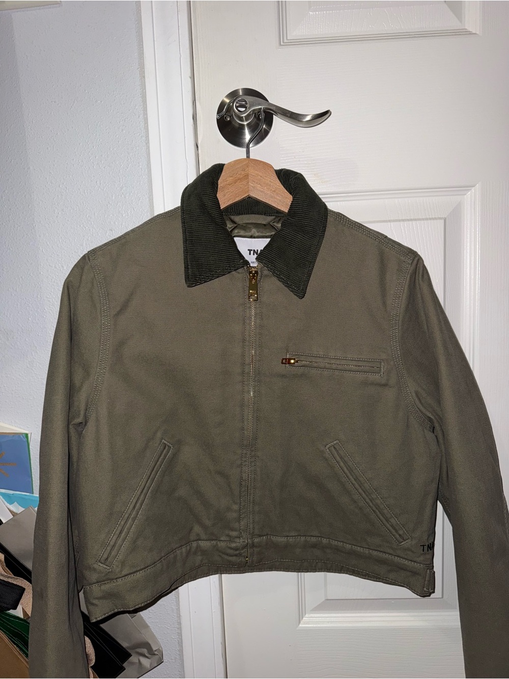 Aritzia Olive Green Cropped Canvas Jacket with Dark Corduroy Collar